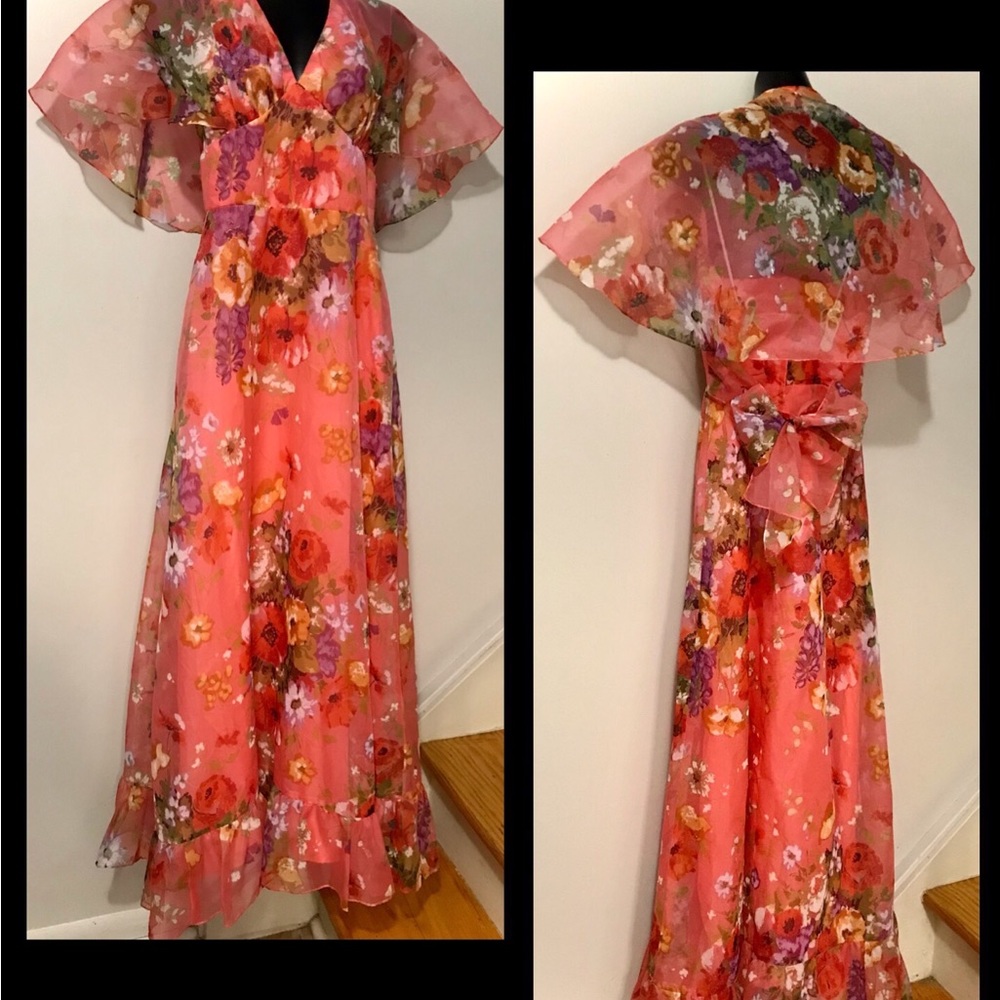 (B) Vintage 1960s Floral Prairie Fairy Halter Maxi Dress